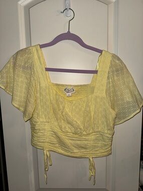 Love Riche Yellow Eyelet Square-Neck Crop Top with Flutter Sleeves